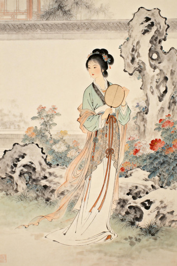 古风仕女手持团扇图
