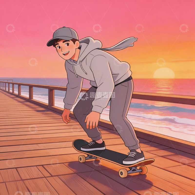 高清大图下载【趣麦麦图】动漫风滑板少年日落场景插画