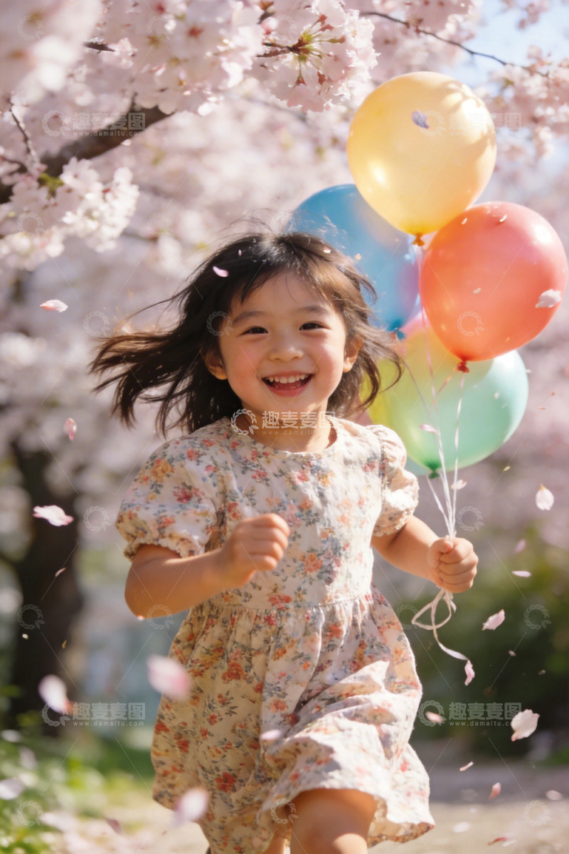高清大图下载【趣麦麦图】春日樱花小女孩奔跑气球图