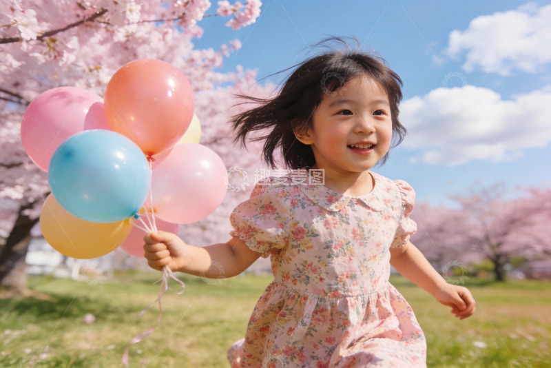 高清大图下载【趣麦麦图】春日樱花下奔跑小女孩摄影图