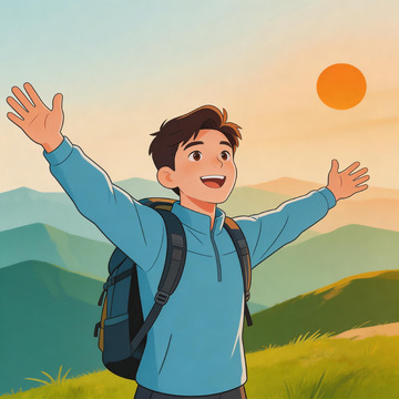 户外登山插画动漫风格男生