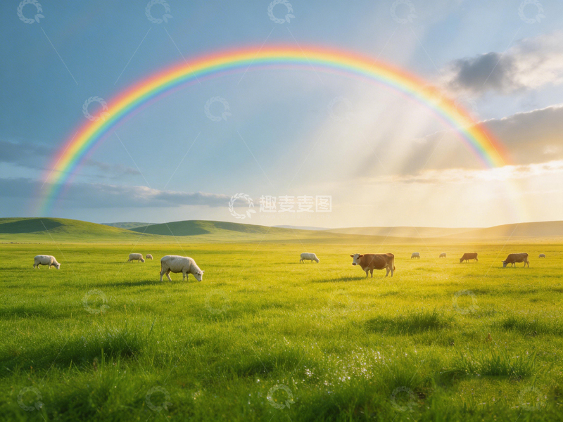 高清大图下载【趣麦麦图】彩虹草原牛群风光