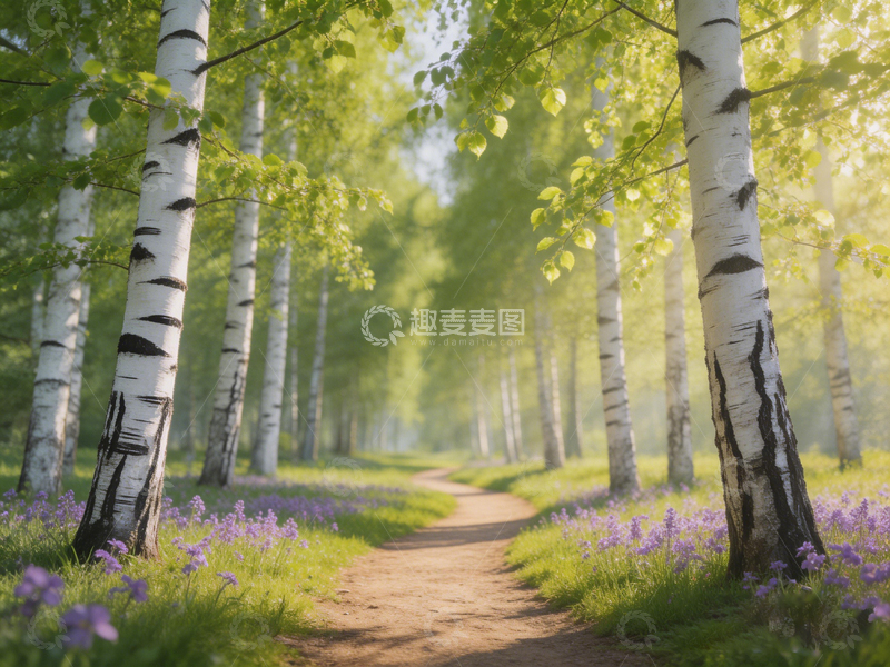 高清大图下载【趣麦麦图】白桦林小径春光美景摄影