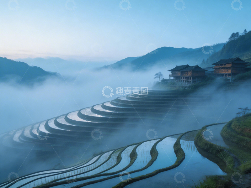 高清大图下载【趣麦麦图】山间雾霭梯田美景