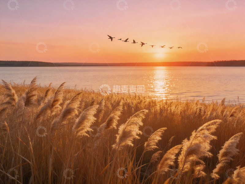 高清大图下载【趣麦麦图】夕阳芦苇飞鸟风光摄影
