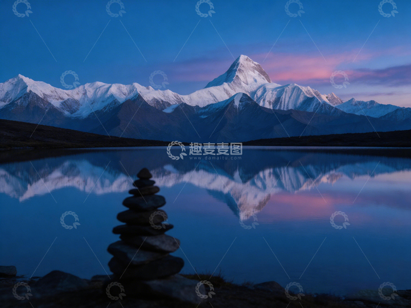 高清大图下载【趣麦麦图】静谧雪山湖石堆风光摄影