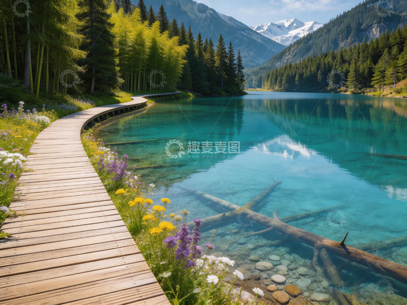 高清大图下载【趣麦麦图】山水风光木板路湖泊美景