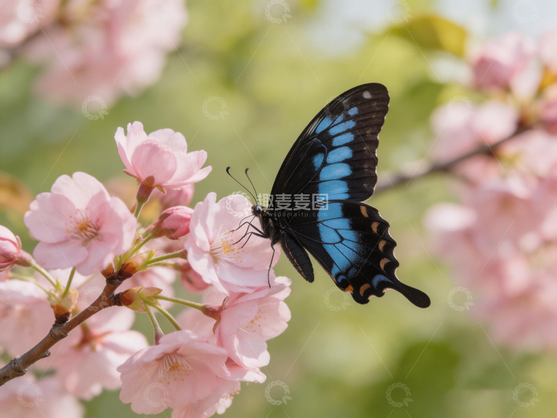 高清大图下载【趣麦麦图】蓝蝶粉花春日美景摄影图