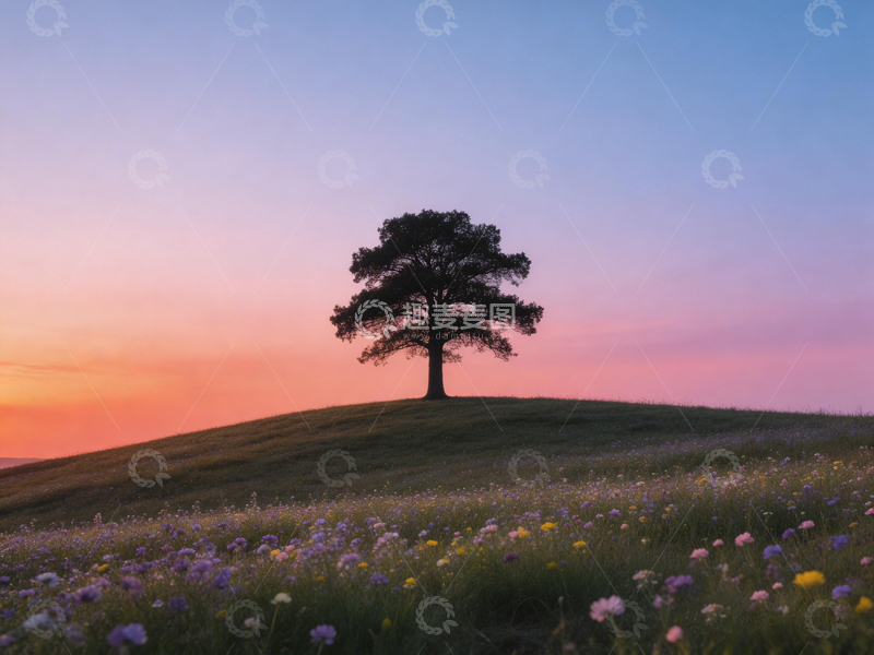 高清大图下载【趣麦麦图】孤树晚霞草地风光摄影