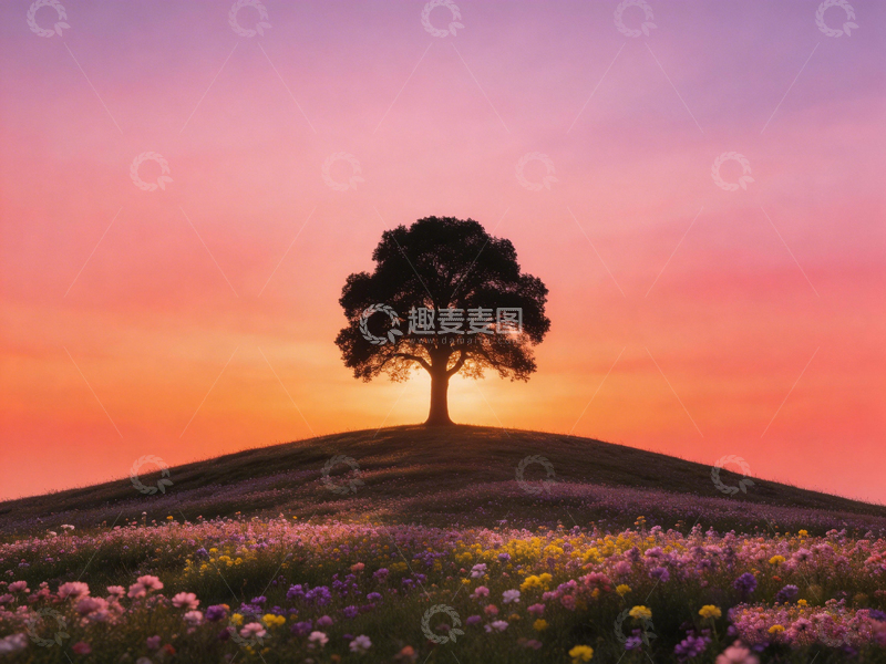 高清大图下载【趣麦麦图】孤树夕阳花海风光摄影
