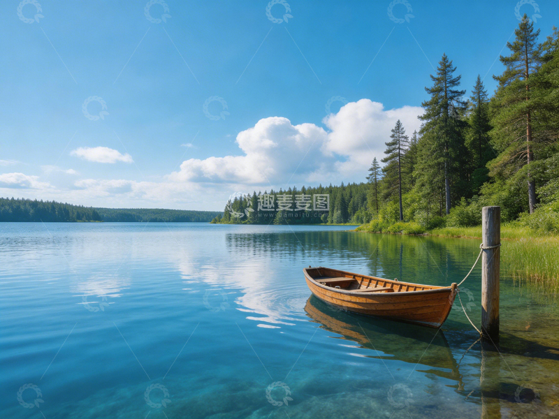 高清大图下载【趣麦麦图】宁静湖畔小舟风光摄影