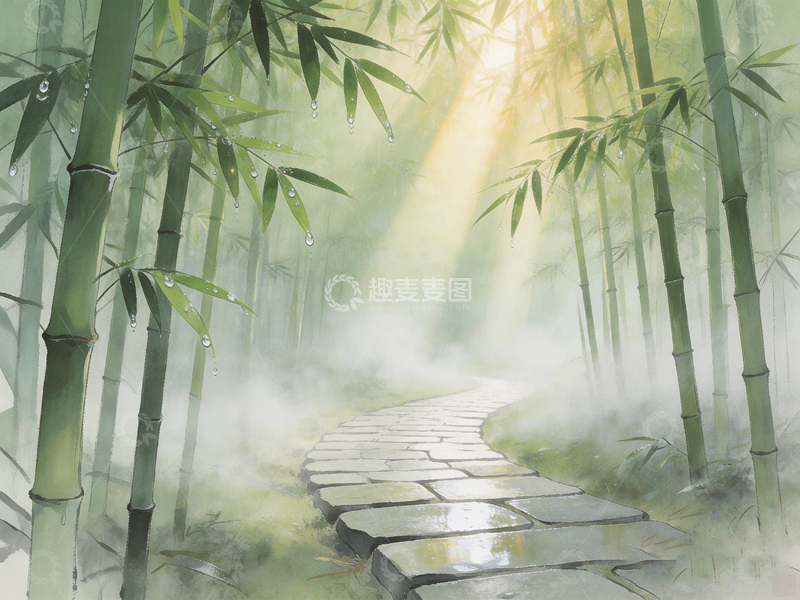高清大图下载【趣麦麦图】竹林小径水墨画风格插画