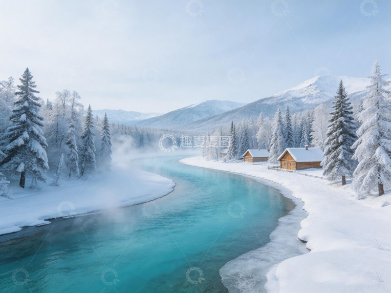 高清大图下载【趣麦麦图】雪景河流木屋风光摄影
