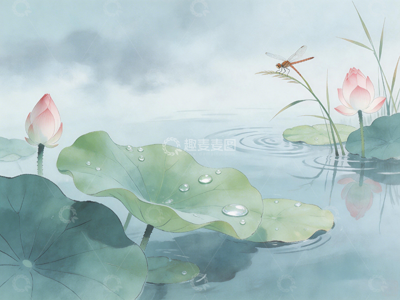 高清大图下载【趣麦麦图】水彩荷花蜻蜓画面设计