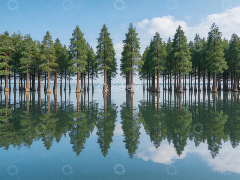 高清大图下载【趣麦麦图】湖畔杉树倒影风光