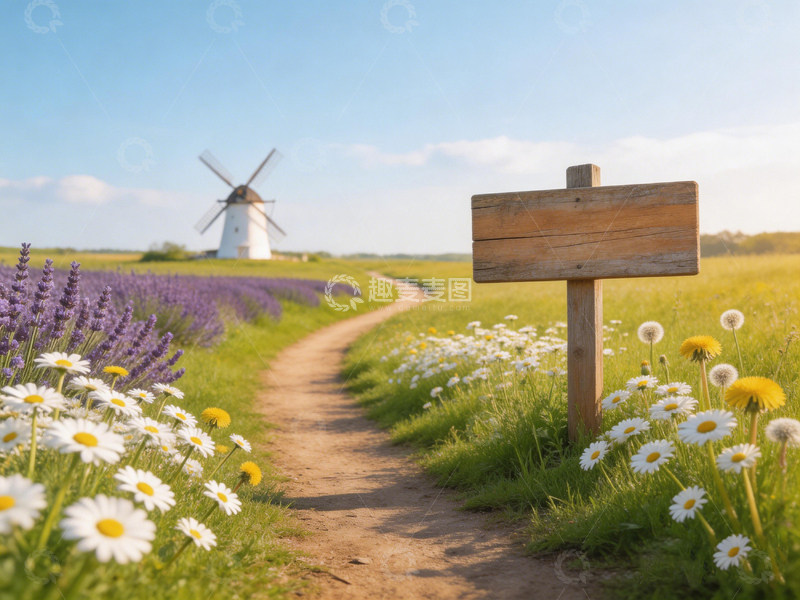 高清大图下载【趣麦麦图】田园风乡间小路风车薰衣草
