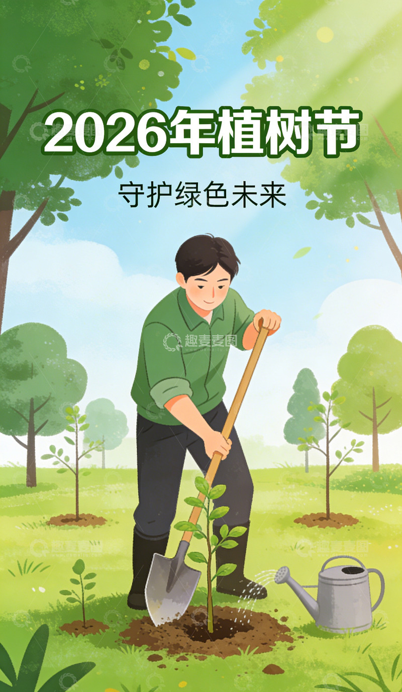 高清大图下载【趣麦麦图】2026植树节插画宣传海报