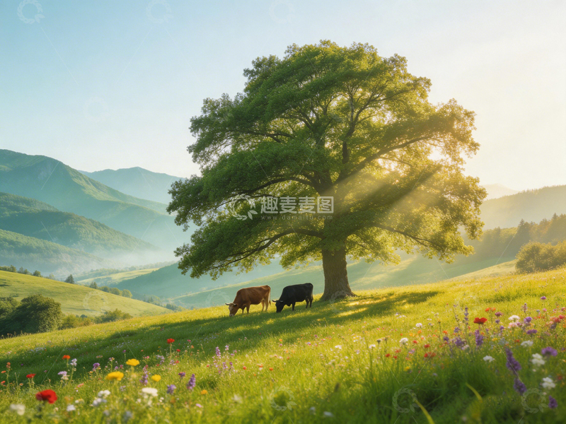 高清大图下载【趣麦麦图】田园风光大树牛群