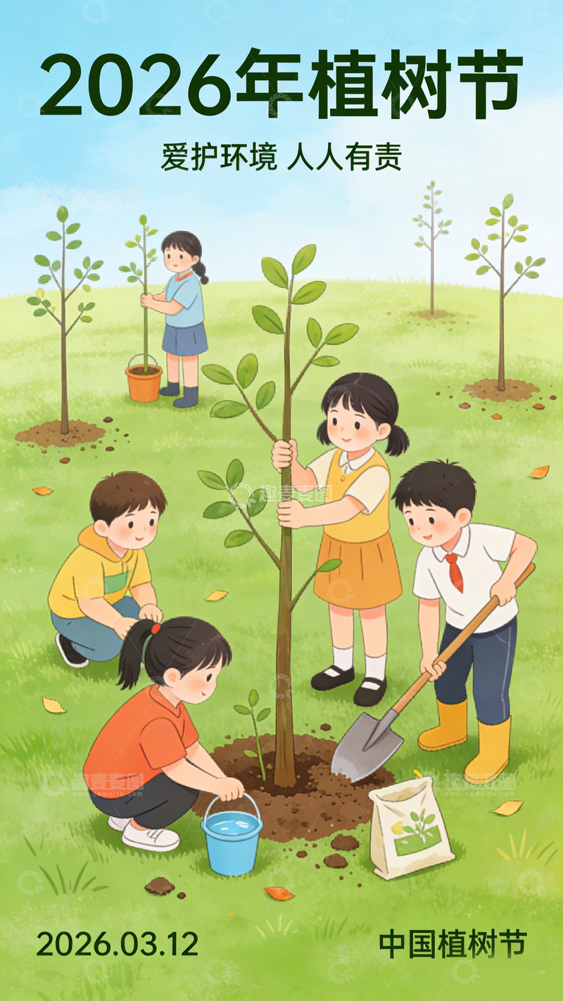 高清大图下载【趣麦麦图】2026年植树节宣传海报