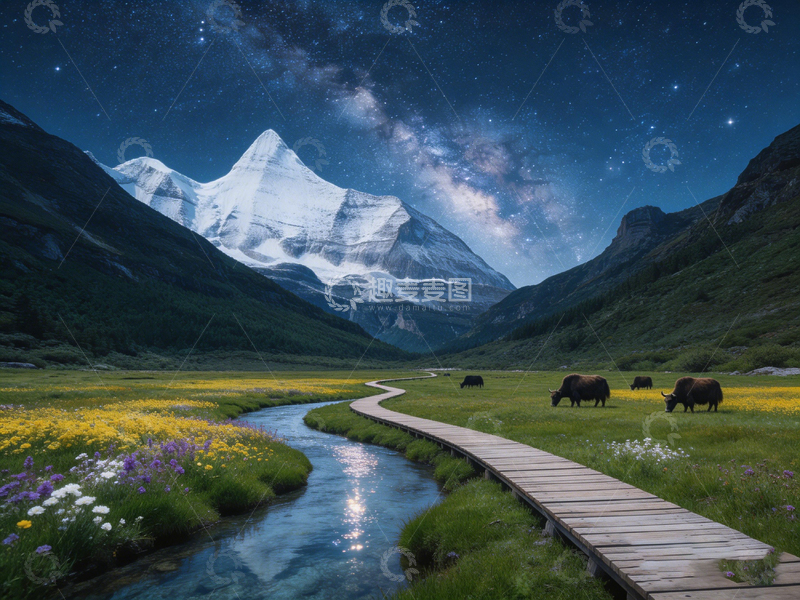 高清大图下载【趣麦麦图】星空下雪山河流风光摄影