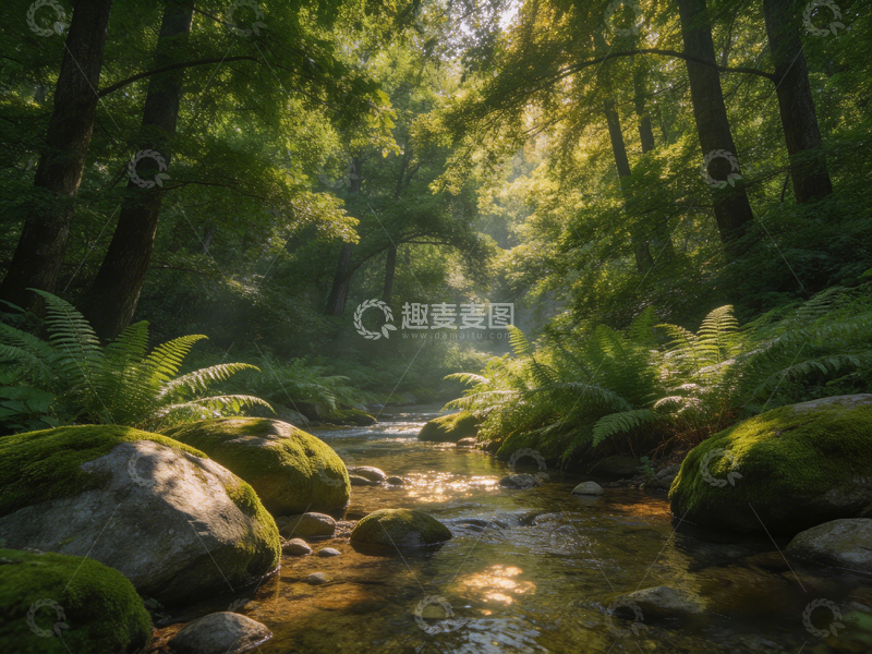 高清大图下载【趣麦麦图】森林溪流绿意盎然