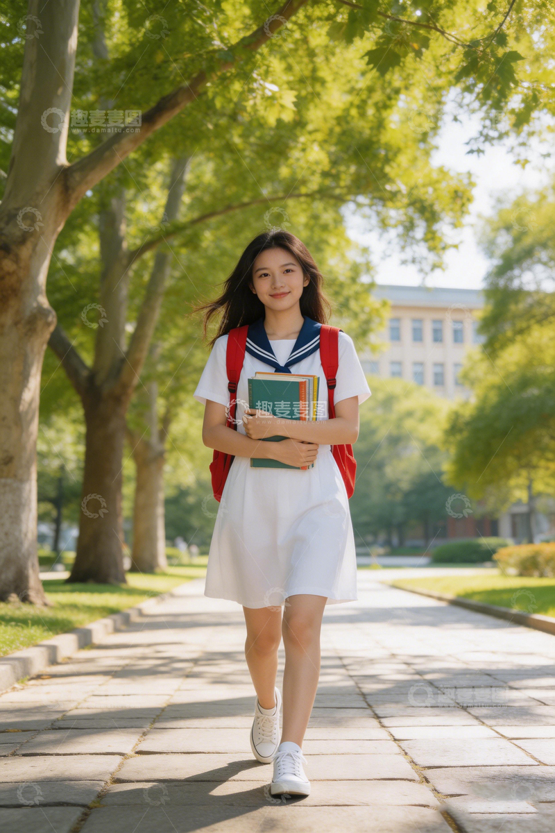 高清大图下载【趣麦麦图】校园青春女学生步行美景