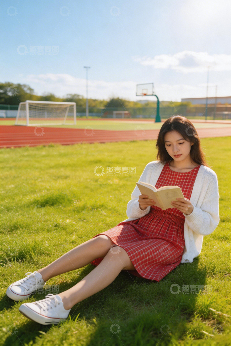 高清大图下载【趣麦麦图】校园草地阅读青春时光摄影图片