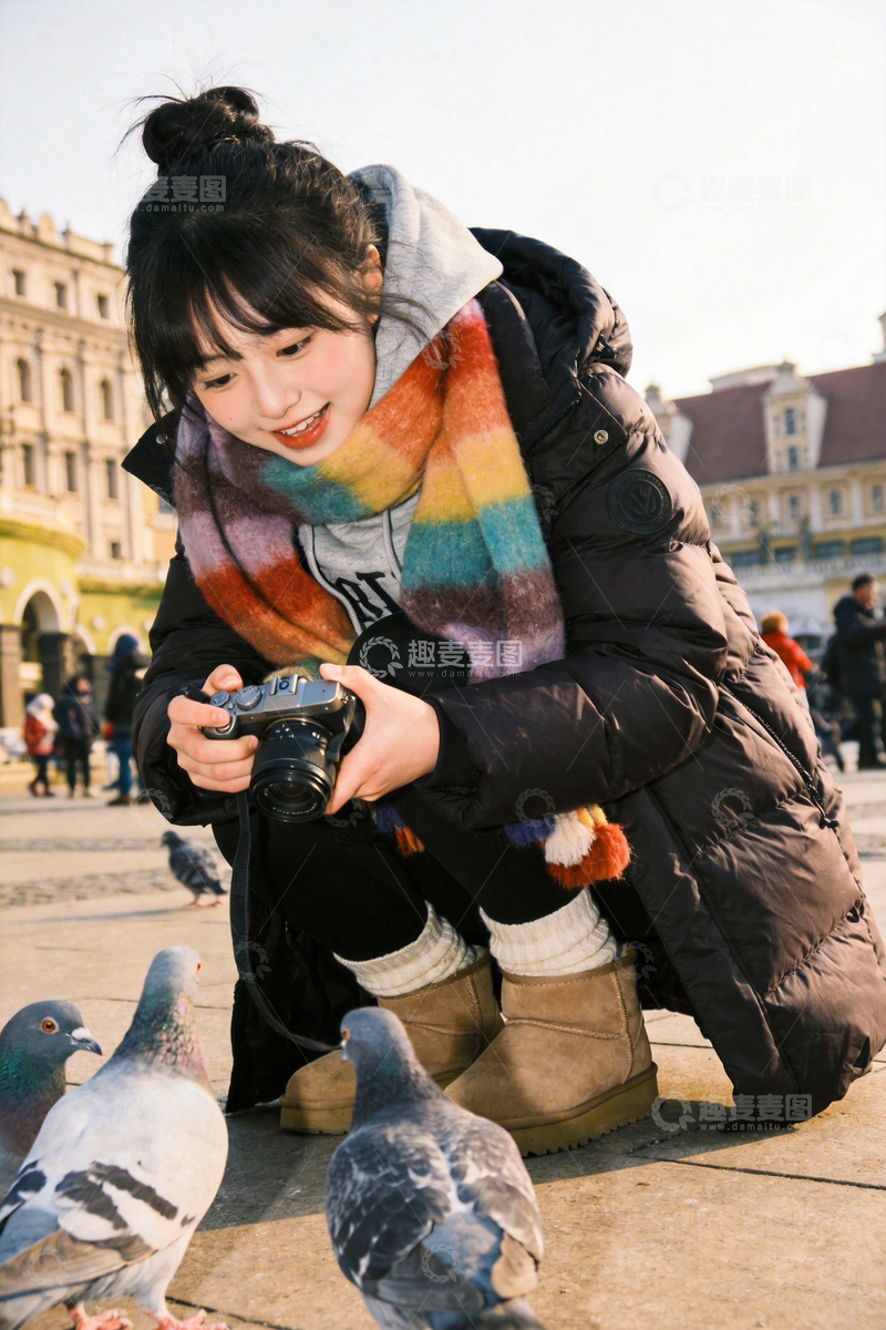 高清大图下载【趣麦麦图】冬日广场拍鸽少女写真