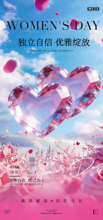 梦幻女神节钻石心形海报设计