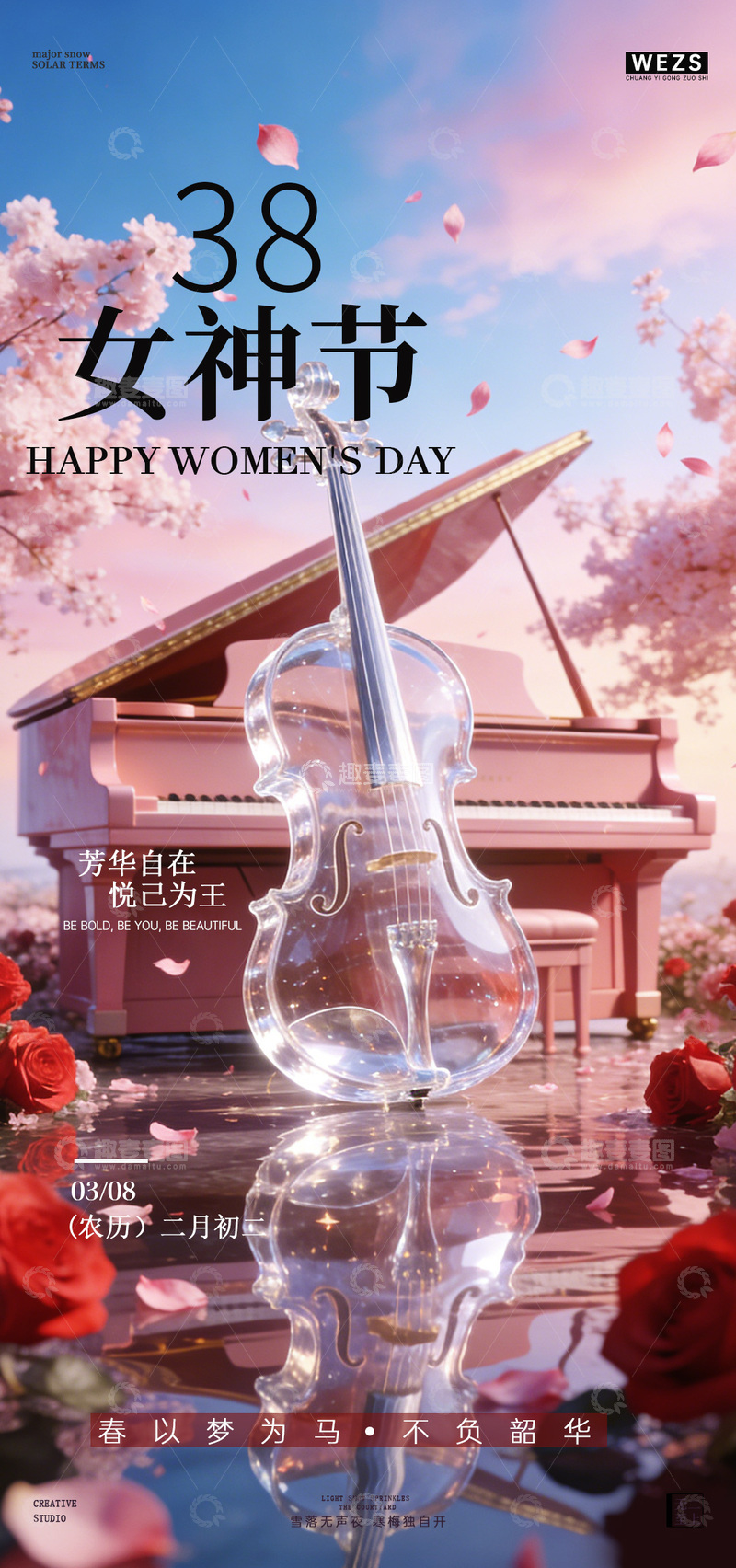 源文件下载【趣麦麦图】梦幻女神节小提琴海报