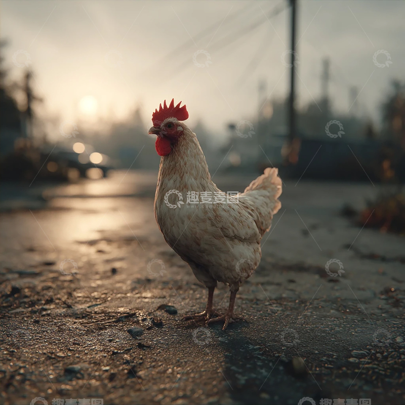 高清大图下载【趣麦麦图】晚霞映照下的孤独鸡影