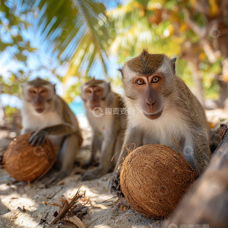 高清大图下载【趣麦麦图】椰子旁的好奇小猴子
