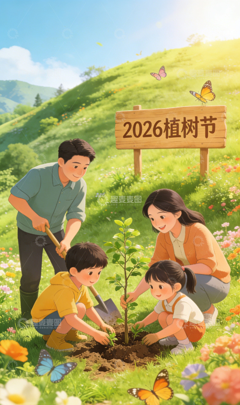 高清大图下载【趣麦麦图】植树节亲子活动手绘插画