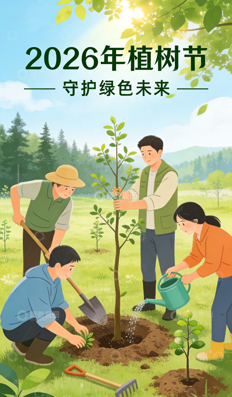 高清大图下载【趣麦麦图】2026植树节宣传海报插画