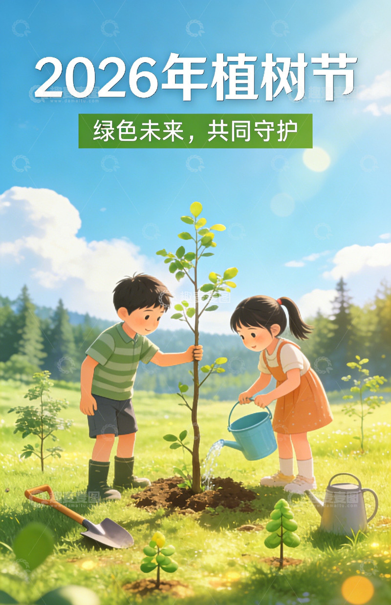 高清大图下载【趣麦麦图】2026植树节插画宣传设计海报