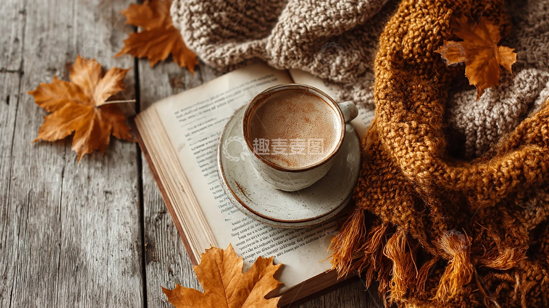 高清大图下载【趣麦麦图】秋日暖意：书香咖啡与枫叶共舞