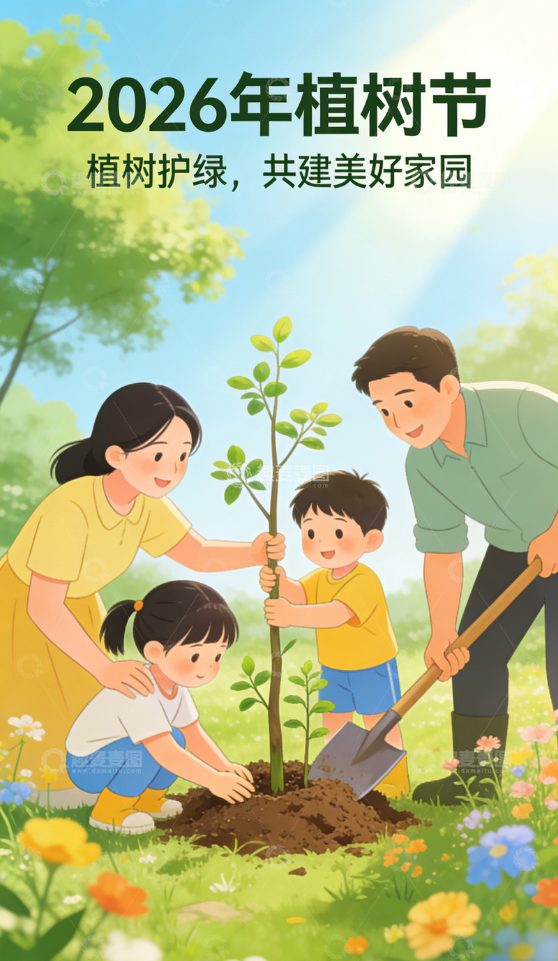 高清大图下载【趣麦麦图】植树节家庭插画宣传海报