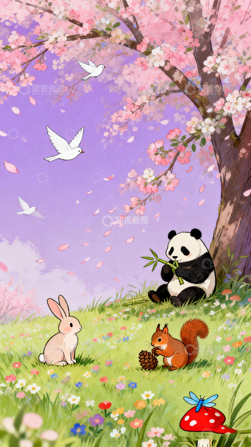 高清大图下载【趣麦麦图】春日樱花卡通动物插画