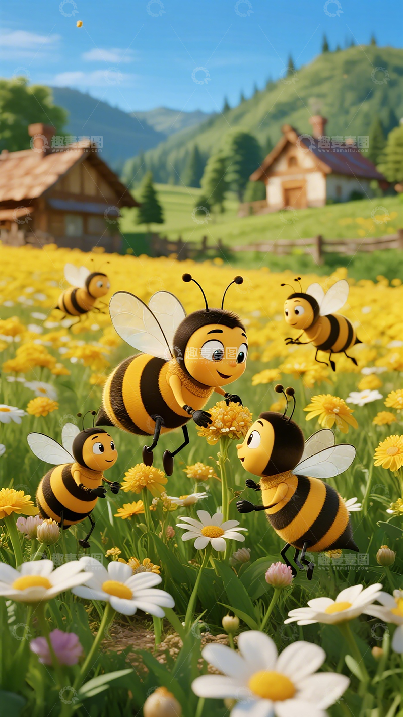 高清大图下载【趣麦麦图】卡通蜜蜂花朵乡村风景