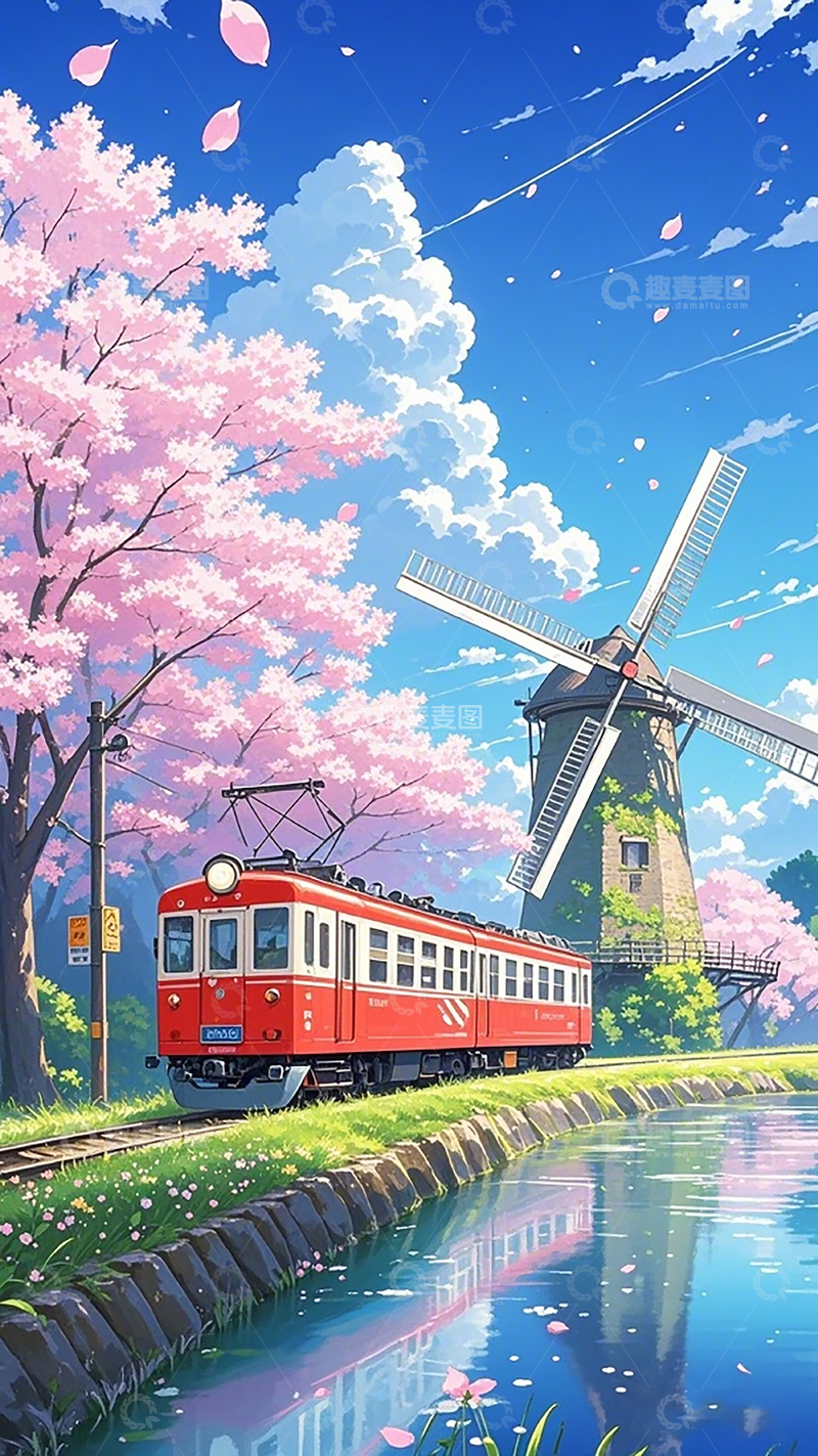 高清大图下载【趣麦麦图】樱花红电车风车风景插画