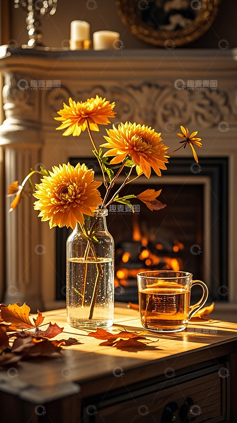 高清大图下载【趣麦麦图】秋日温馨家居菊茶场景