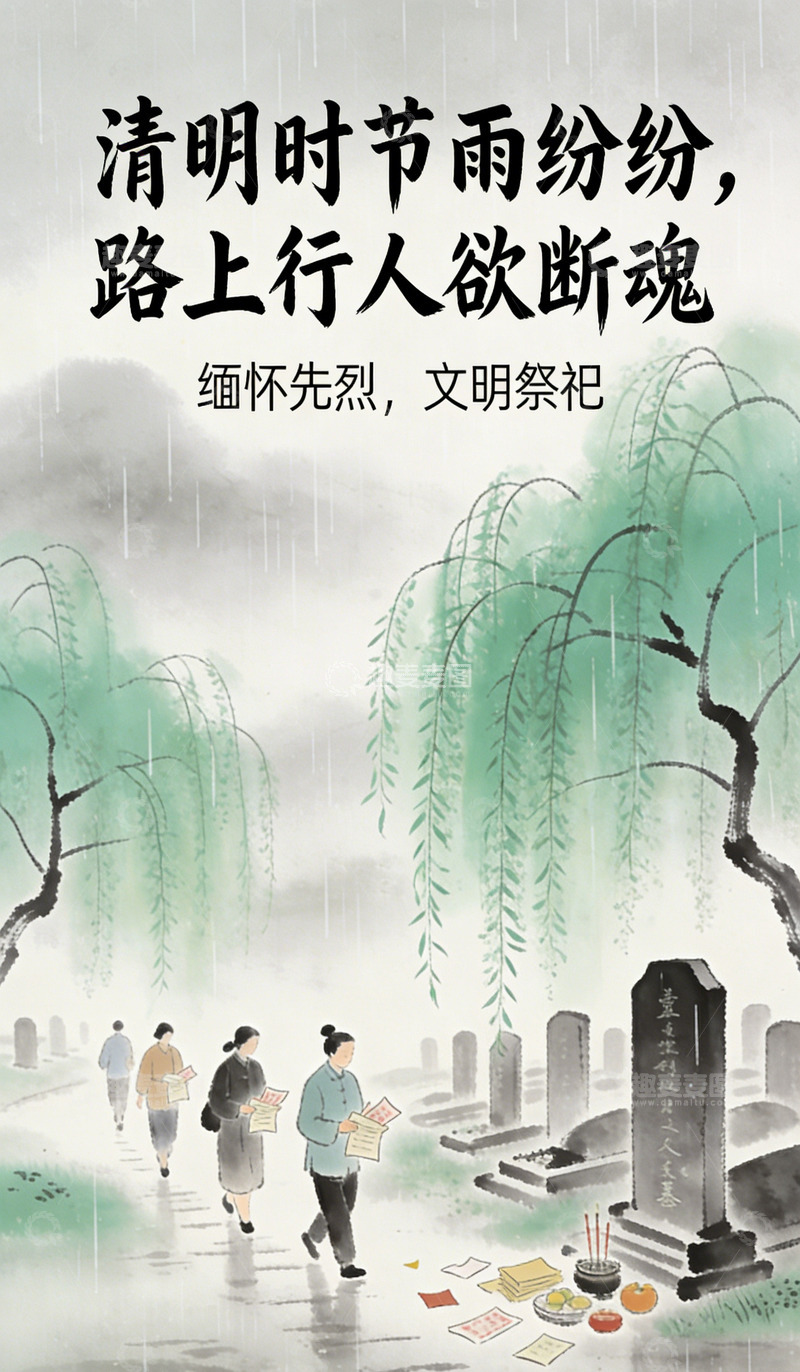 高清大图下载【趣麦麦图】清明祭祖扫墓插画海报