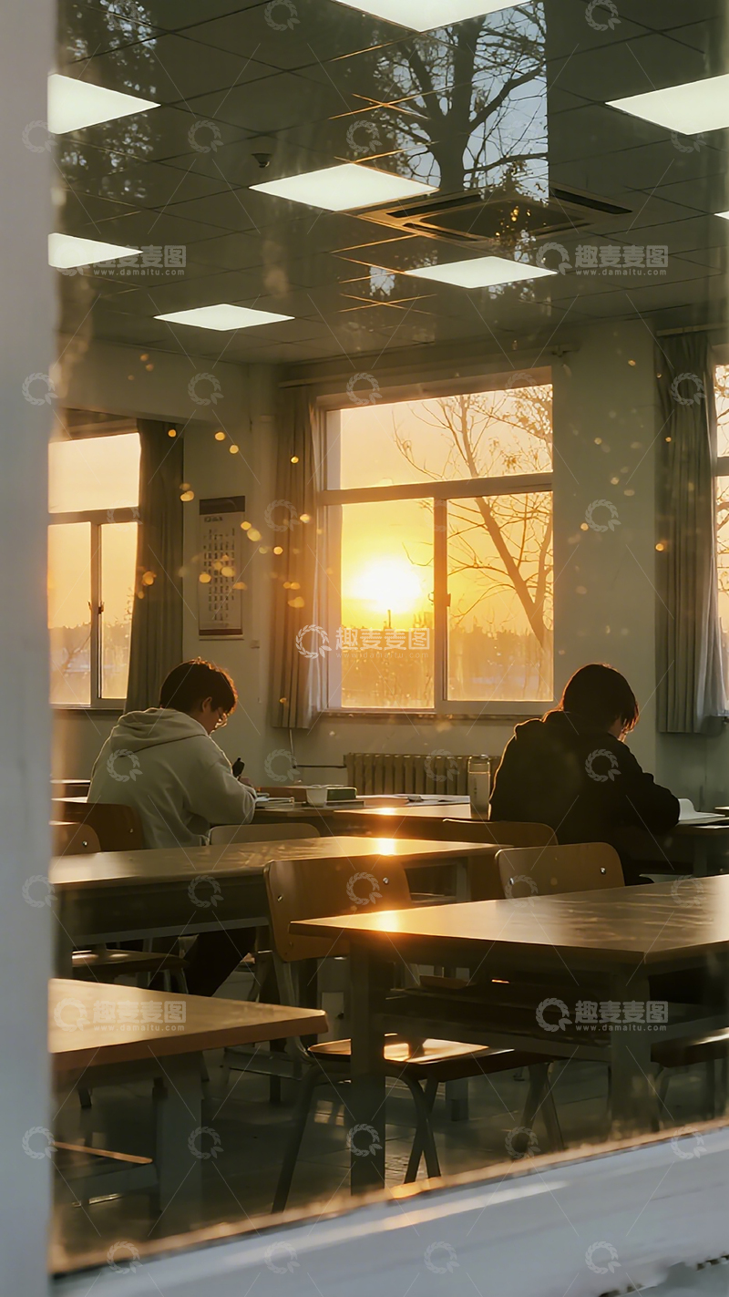 高清大图下载【趣麦麦图】教室黄昏学习景象