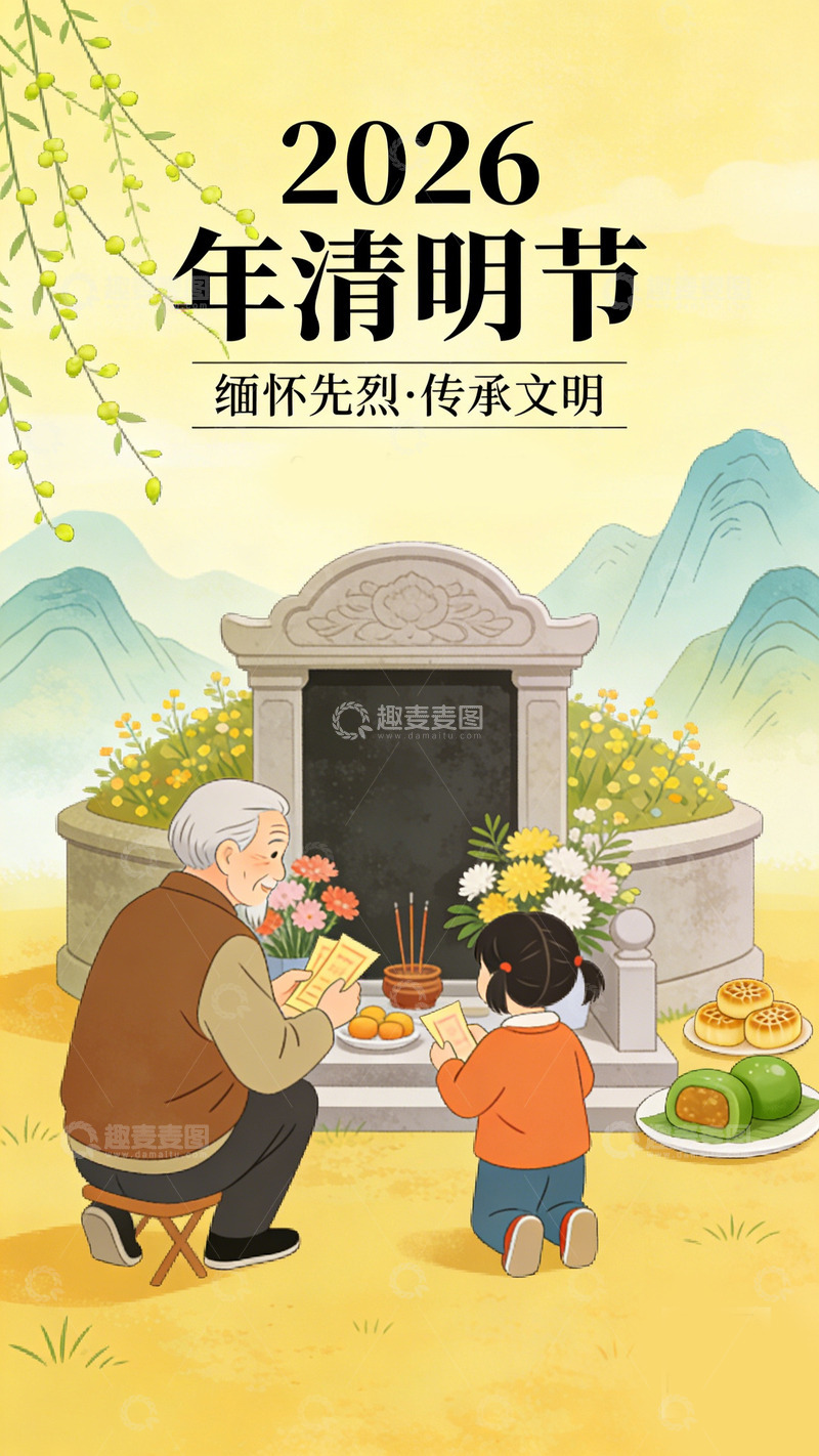 高清大图下载【趣麦麦图】清明祭祖插画