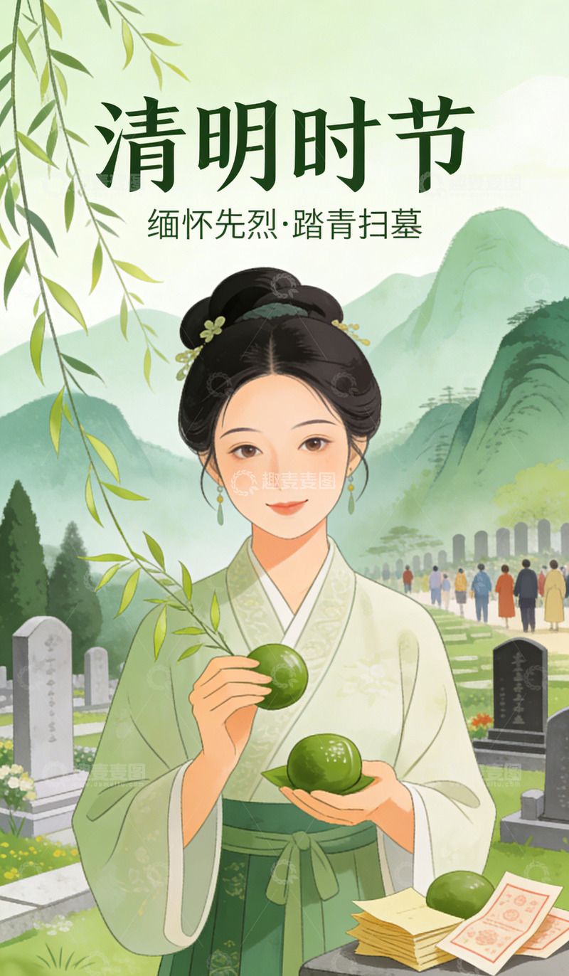 高清大图下载【趣麦麦图】古风清明节祭祀插画