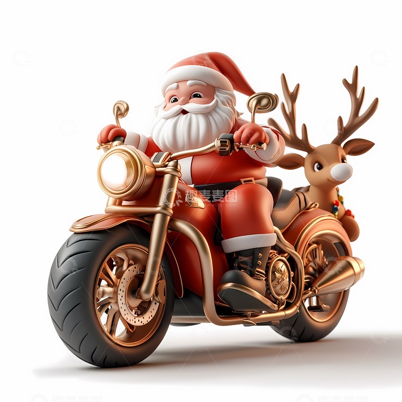 高清大图下载【趣麦麦图】卡通圣诞老人摩托鹿插画