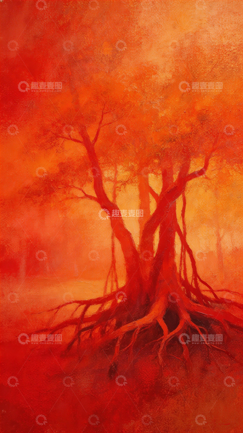 高清大图下载【趣麦麦图】火红树木油画风景