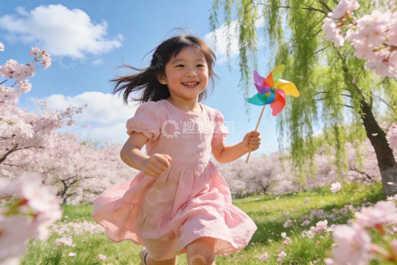 高清大图下载【趣麦麦图】春日童趣奔跑樱花