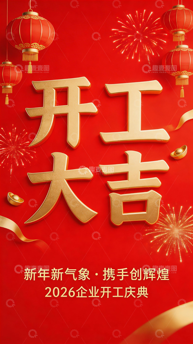 高清大图下载【趣麦麦图】金色开工大吉喜庆海报设计素材