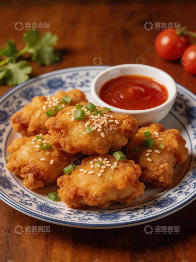 高清大图下载【趣麦麦图】青花瓷炸鸡块番茄酱美味